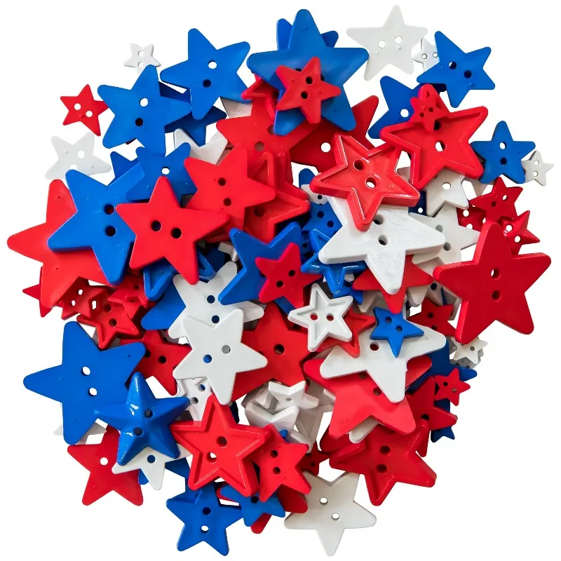 Value Red White Blue Assorted Size Stars Sew Thru Buttons, 31/2 Ounces