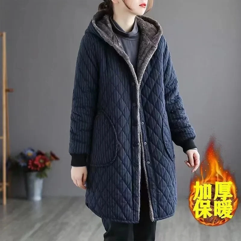 2024 Autumn Winter New Striped Cotton Jacket Women Warm Plush Thicken Hooded Coat Fashion Loose Female Casual Long Overcoat