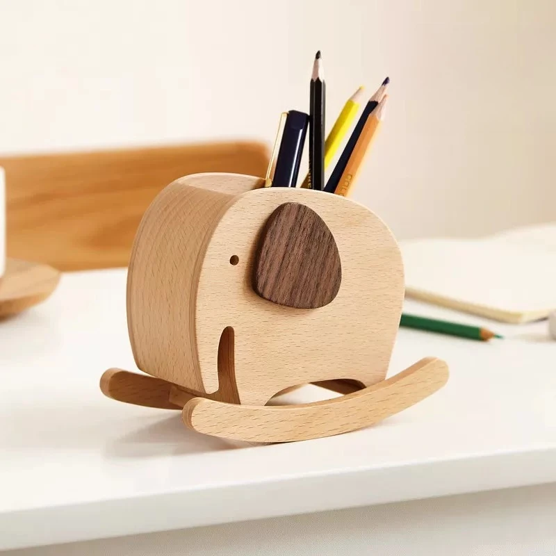 ✨ Cute Cartoon Elephant Wooden Pen Holder Pencil Cup Desk Organizer Office Desktop Decoration for Kids Students