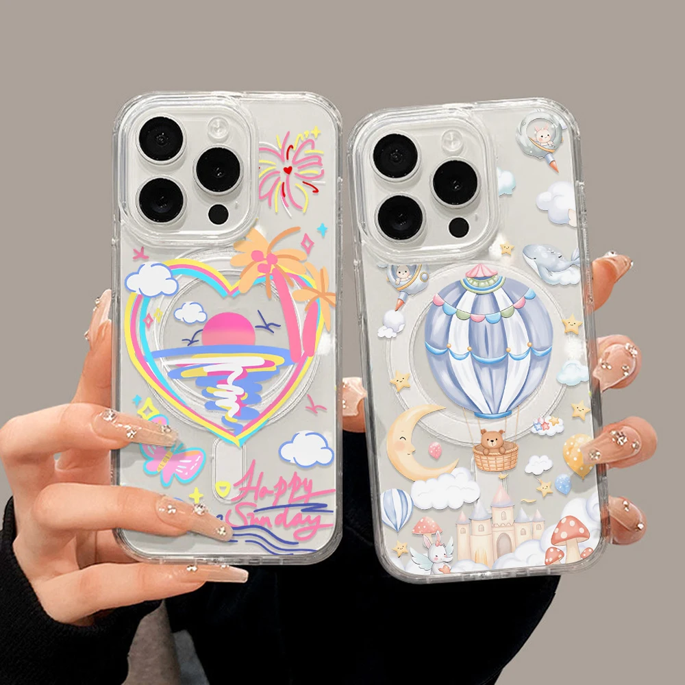

Colorful Lovely Heart Magnetic Clear Phone Case For iPhone 17 Air 16 Pro Max 15 14 11 13 12 Max Silicone Wireless Charging Cover