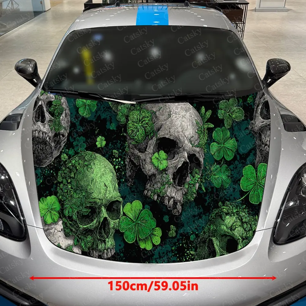 Car Decal Artistic Fusion of Skulls and Green Clover Elements in Dark Gothic Style Car Hood Sticker, Waterproof Self - Adhesive