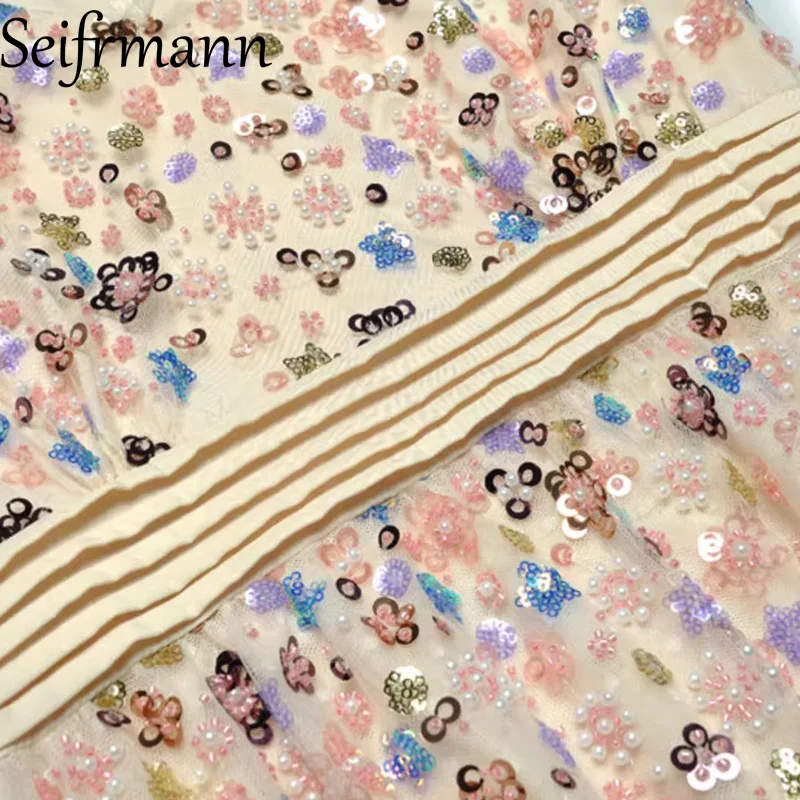 Seifrmann 2026 printemps femmes nouvelle mode col en v à manches longues clou perlé taille cintrée à volants bord robe