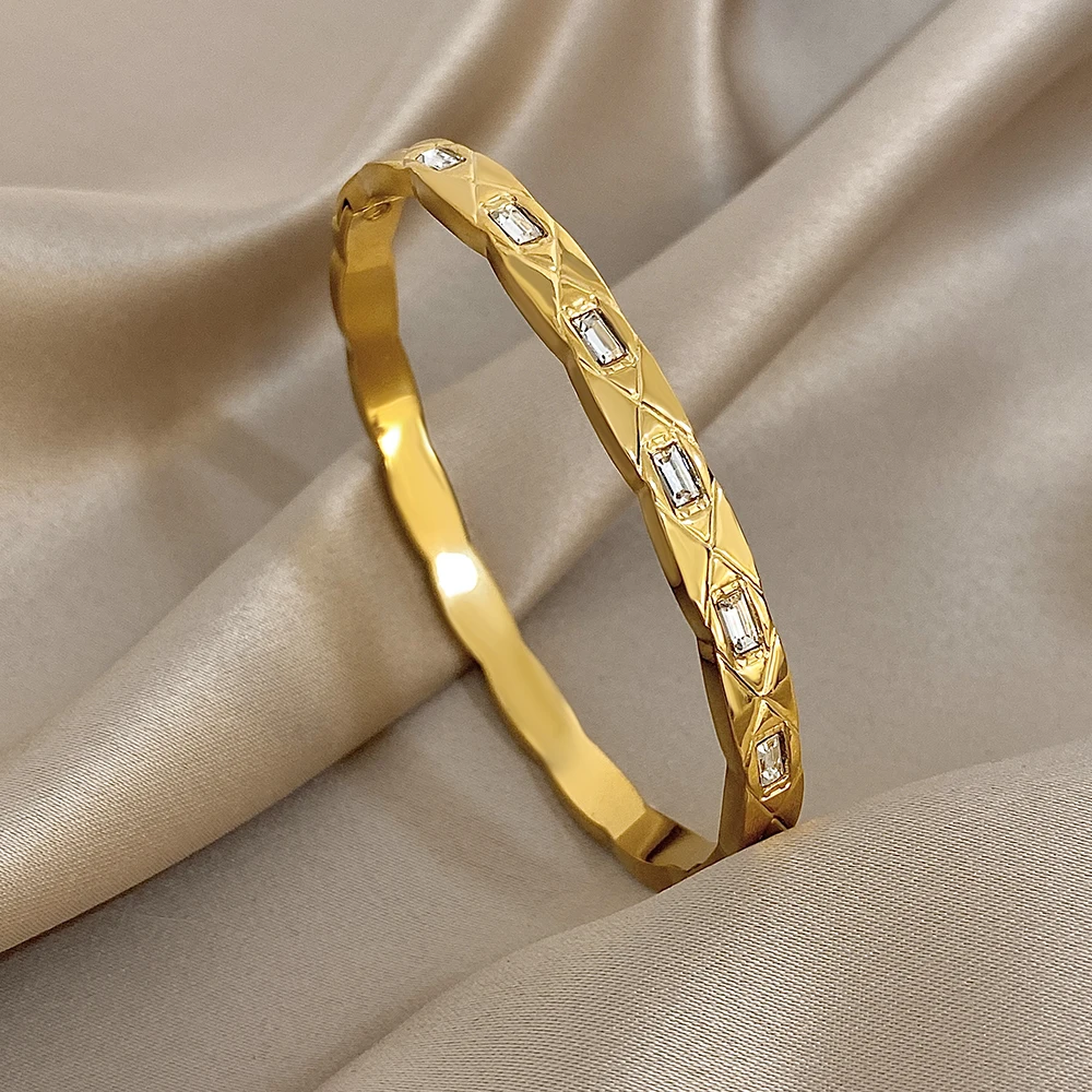 Minimalist Glossy Stainless Steel Basic Round Bracelet Bangle for Women Waterproof Square Rhinestone Spring Open Bangle Jewelry