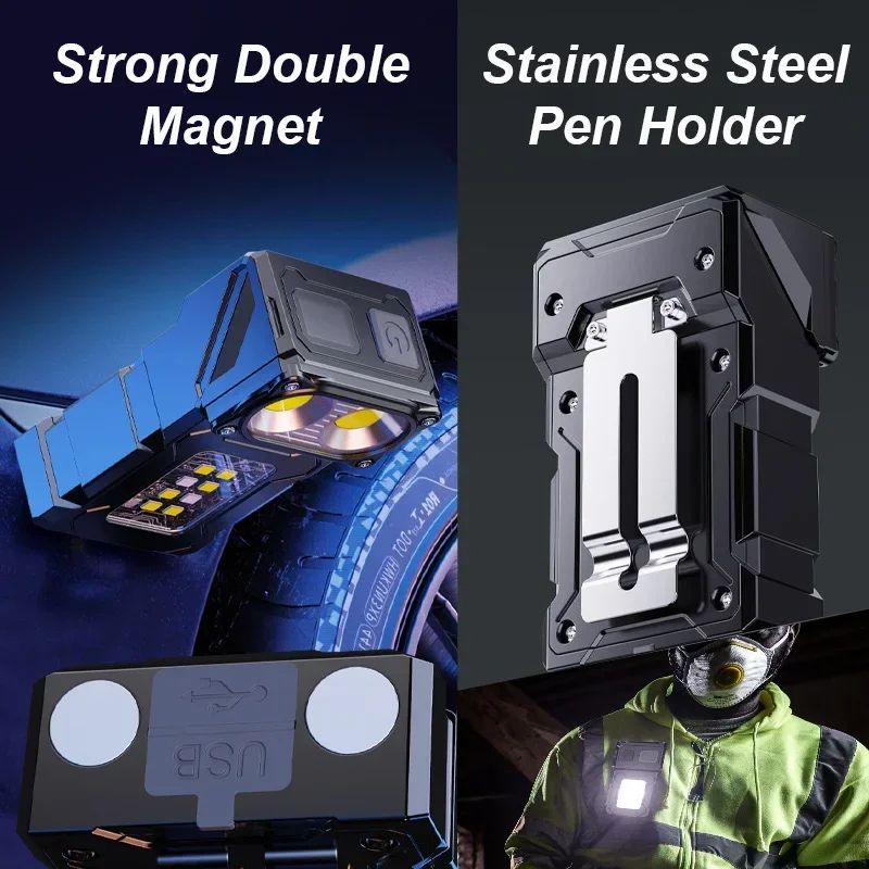 2025 Nuova torcia COB multifunzionale Angolo regolabile LED Torcia esterna Portachiavi Luce portatile Lampada di avvertimento da campeggio magnetica