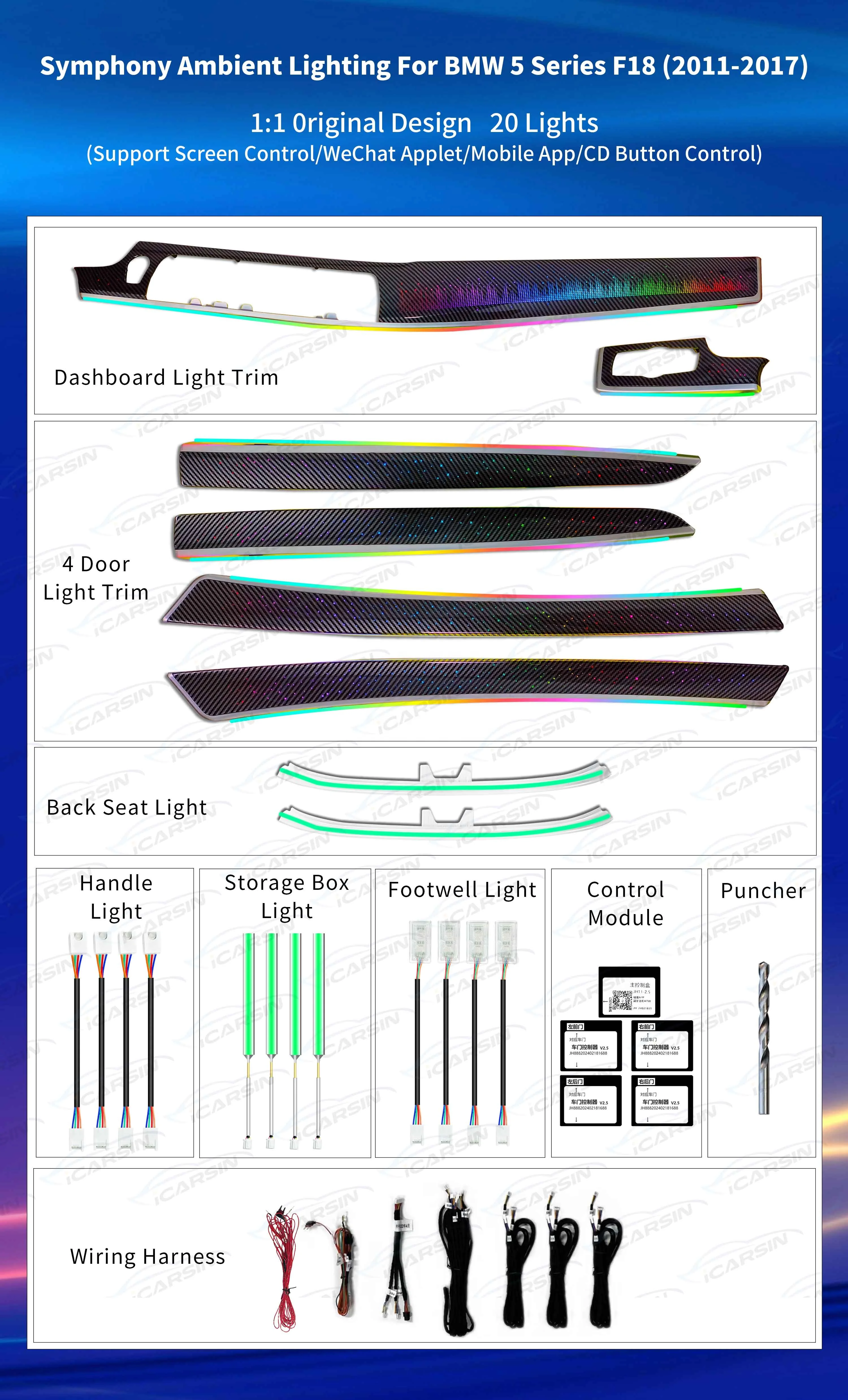สําหรับอัพเกรด 256 สี Symphony LED ภายในรถ Ambient Light สําหรับ BMW 5 Series F10 F11 F18 2011-2017 บรรยากาศ Strip เครื่องประดับ