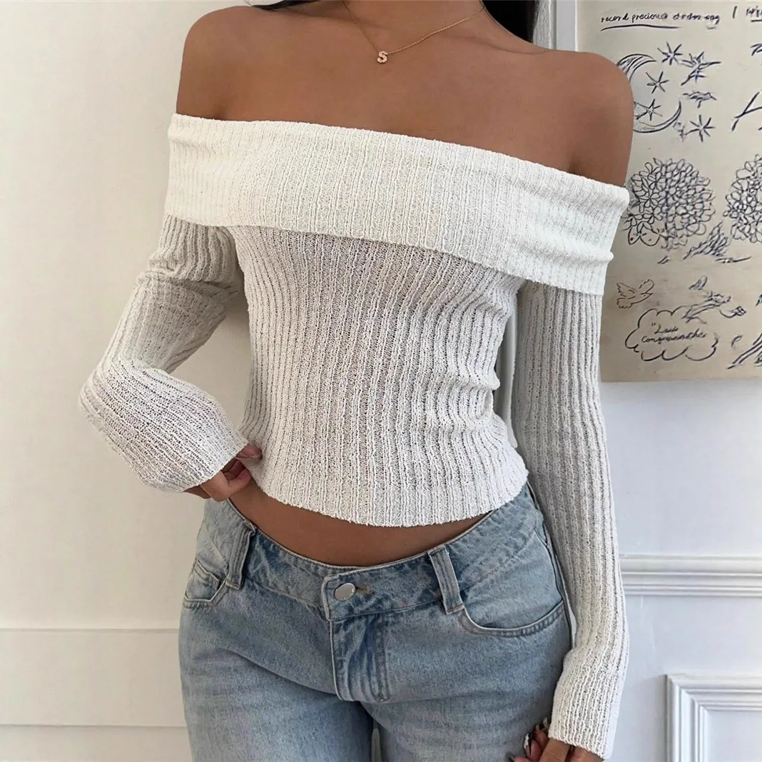 2026 Women's Open Back Bow Top - Sexy Bodycon Knit Sweater with Off Shoulder Design, Slimming Figure Hugging Party Blouse