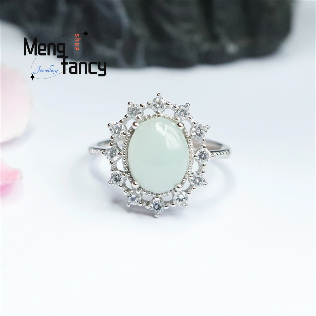 Anillo de plata S925 Natural con incrustaciones de Jade, sortija de sol con cara de huevo de hielo, Simple, elegante, personalizado, versátil, joyería de lujo exquisita