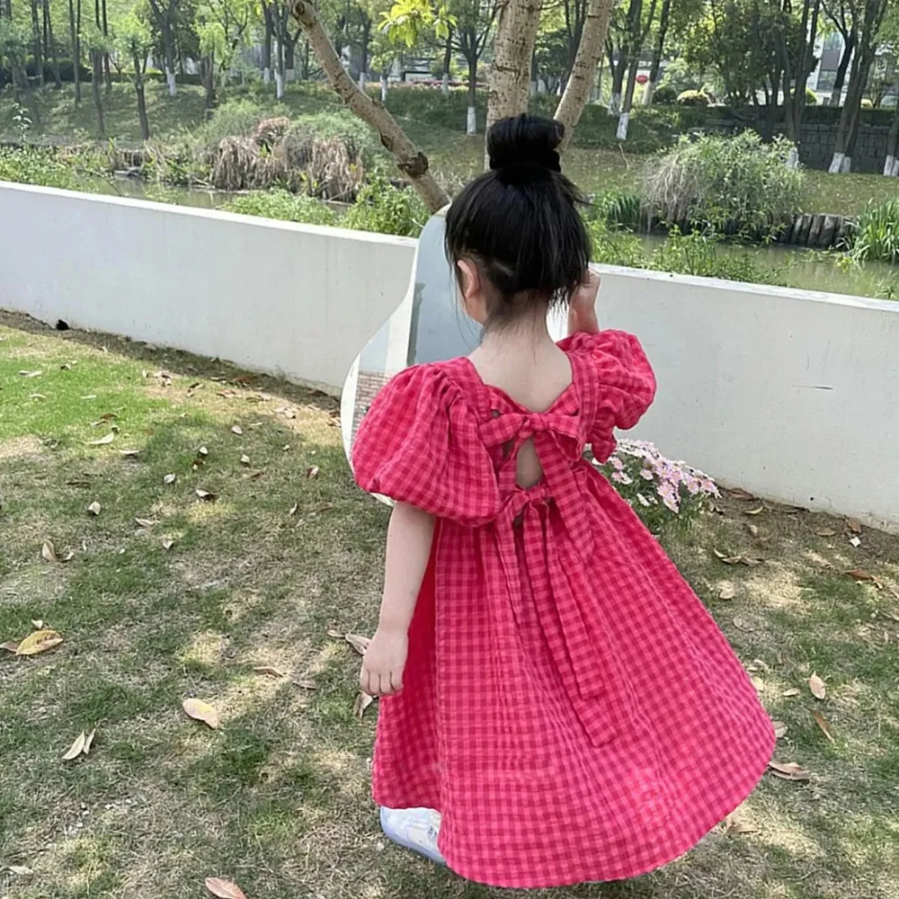 Summer Rose Pink Plaid Bow Dress Elegant Lolita Child Girls Dress Children Dresses Teens Party Princess Sundress Kids Clothes