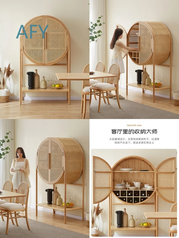 Nordisches Massivholz-Rattan-Sideboard für Kleine Räume Vintage Barschrank für Moderne Wohnraumgestaltung Luxuriöse Wanddekoration