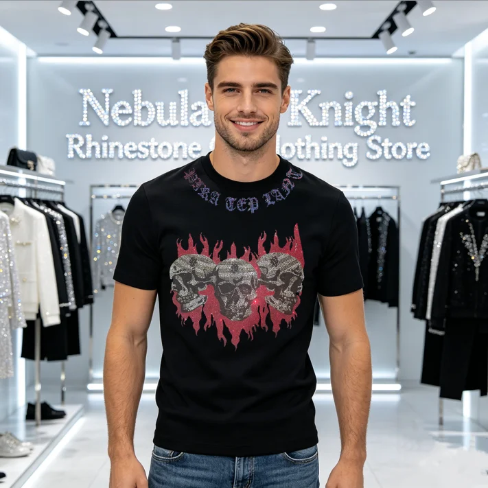 Shining Rhinestone Men Short Sleeve Tee Cotton Crew Neck Summer Casual Outdoor Fashion Male T Shirts