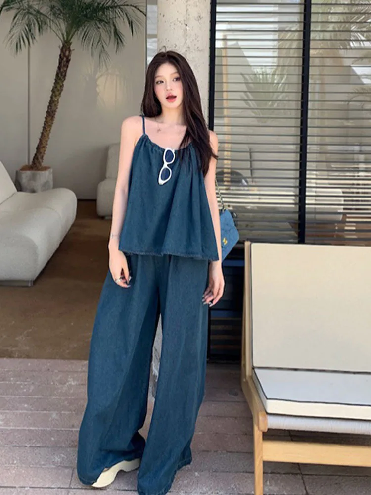 Vacation Style Vest Denim Top Loose Casual Wide Leg Pants Fashion Vintage Two-piece Set Women 2024 New Spring Summer