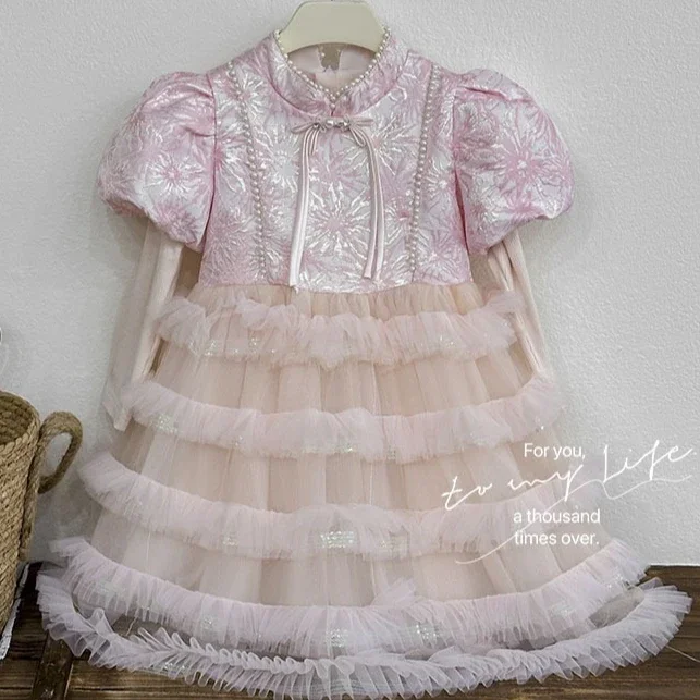 

Girls Skirt 2025 Autumn and Winter New Childrens Clothing Girls Baby New Chinese Sweet Pink Cheongsam Birthday Dress Daily