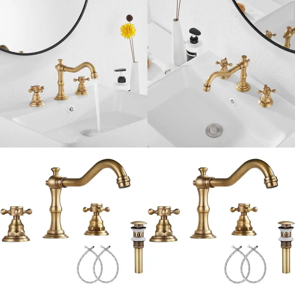 

Antique Brass Widespread 8 2-Handle Basin Faucet with Pop-Up Drain and Overflow