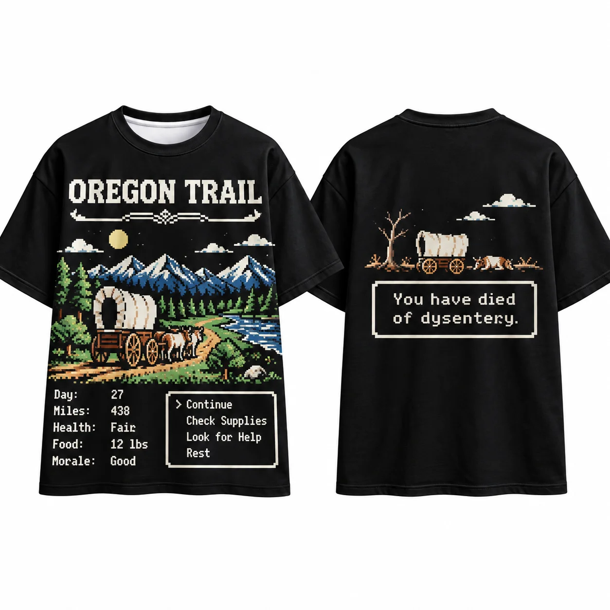 Oregon Trail Retro Gaming T-Shirt, You Have Died of Dysentery Graphic Tee, Vintage 8-Bit Pixel Art Gamer Shirt, Unisex
