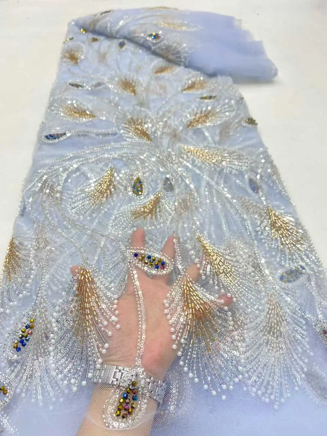 Blue Embroidery Nigeria Sequin Bead Tulle Lace Fabric 2026 High-Quality African Mesh Lace Party Dance Dress Sewing Material 045