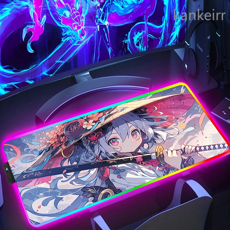 Anime Girl RGB Mouse Pad Led Glow Kawaii Mousepad Computer Laptop Gamer Mouse Mat PC Gaming Accessories Cute Cool Desk Mat XXL