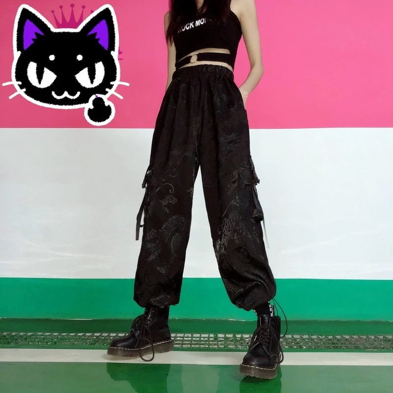 2025 misa hot sale Harajuku Dragon Embroidery Satin Soft Cargo Pants Pocket Elastic High Waist Loose Pant Punk Streetwear Hiphop