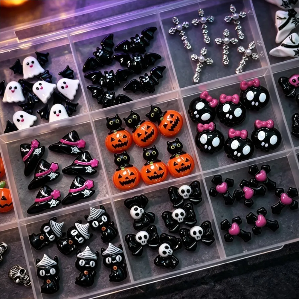 15grid/90pcs 3D Cute Halloween Pumpkin/Skull/Ghost/Cross Nail Gems Black Cat Bow Bat Nail Charms Resin Flatback Halloween Nails view 3