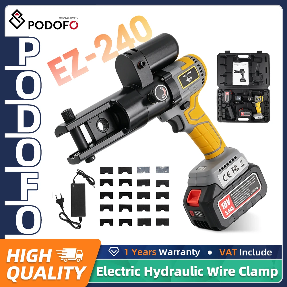 Pinza hidráulica eléctrica Podofo EZ-240 con juegos de matrices intercambiables de 10-240 mm, motor sin escobillas, herramienta de crimpado de terminales recargable para electricistas