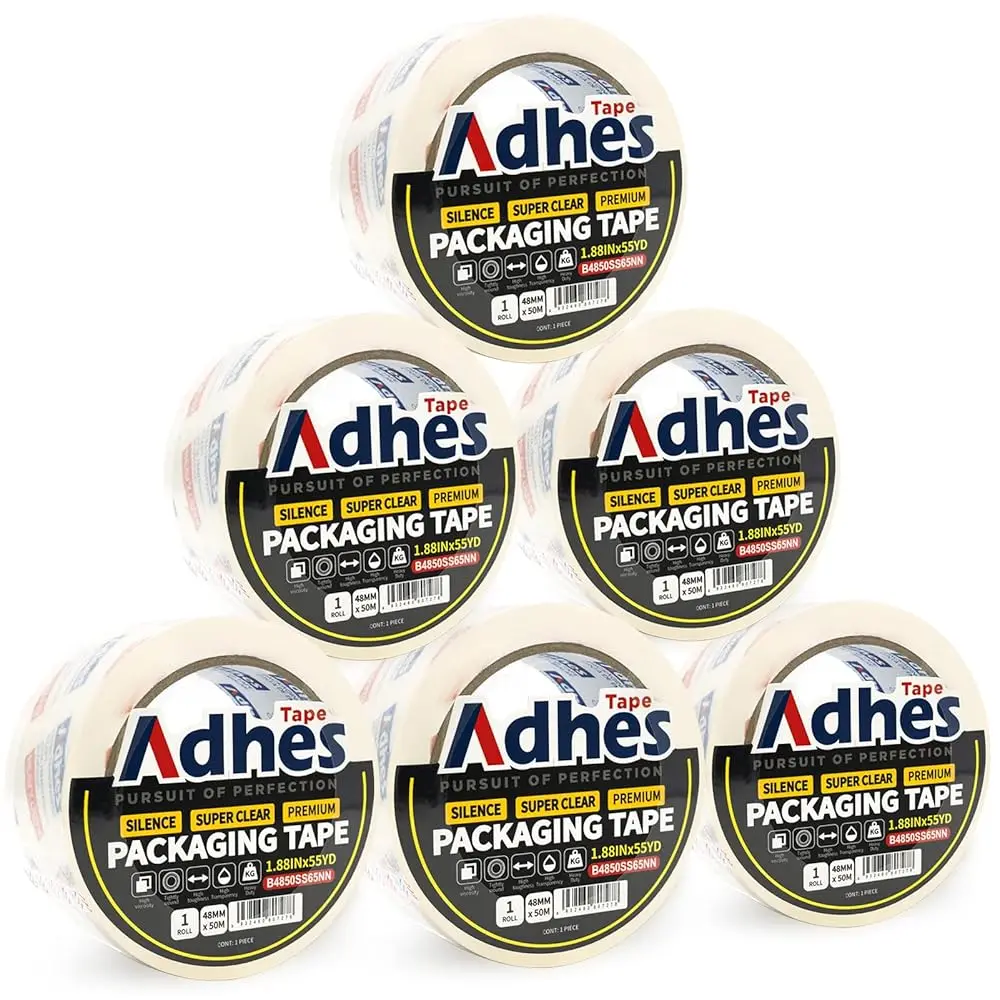 ADHES No Noise Clear Packing Tape with Dispenser, 6 Pack 1.88 Inch x 30 Yards, 2.0mil Heavy Duty Shipping Tape Strong & Durab