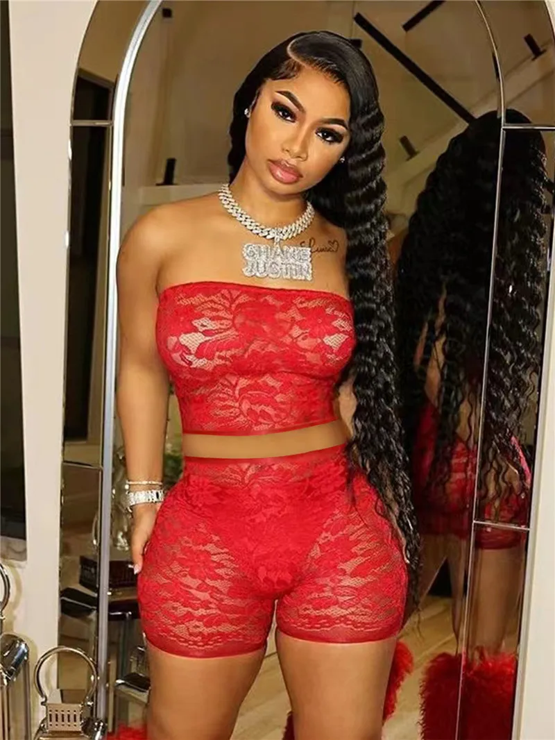 Sexy Strapess Rückenfreies Crop Top Hohe Taille Shorts Elegante Durchsichtige Spitze Frauen Zwei Stück Set Nachtclub Party Passenden Anzüge