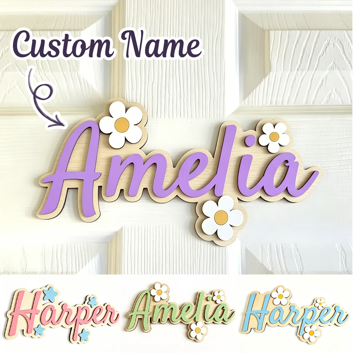 Custom Wooden Name Door Sign, Personalized Wall Decor Plaque, Daisy Theme Room Decoration, Double-Layer Wooden Doorplate