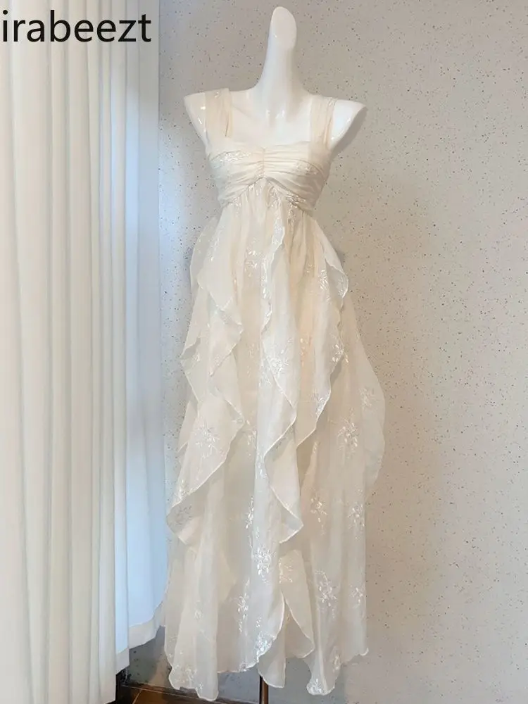 

French Tea Dress White Lace Vintage Strapless Princess Sundress Floral Ruffle Boho Romantic Aesthetic vestido feminino