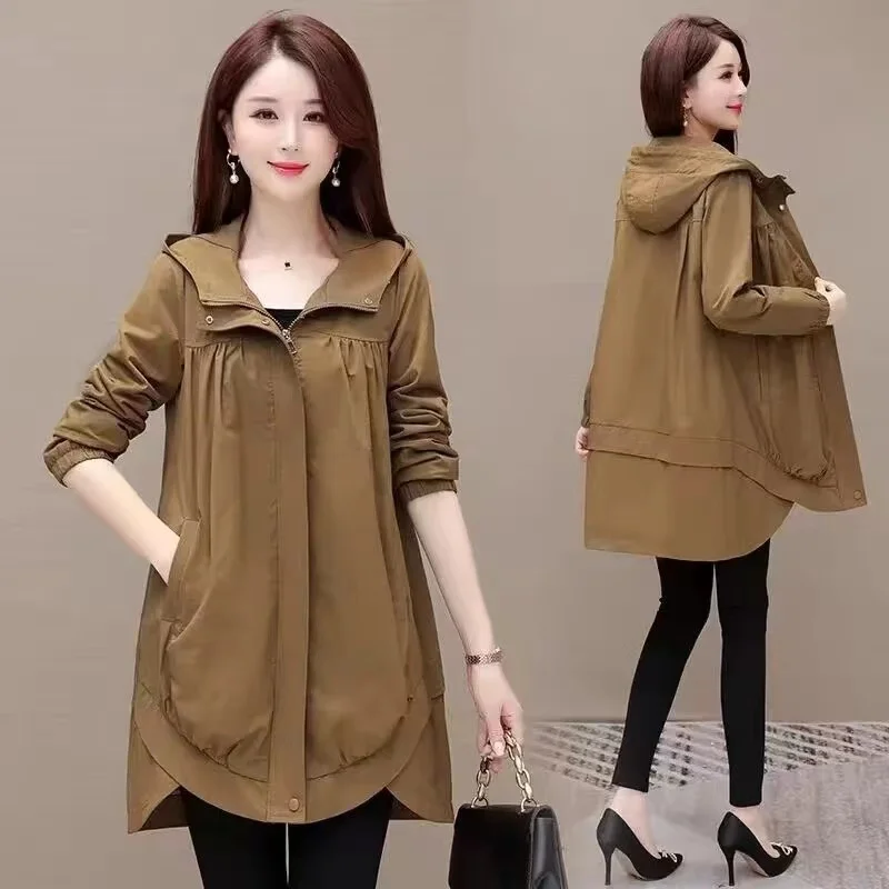 

2024 Spring Autumn Windbreaker Female Tops High-Quality New Large Loose Casual Mid Long Coat Women Hooded Trench Coat Outerwear
