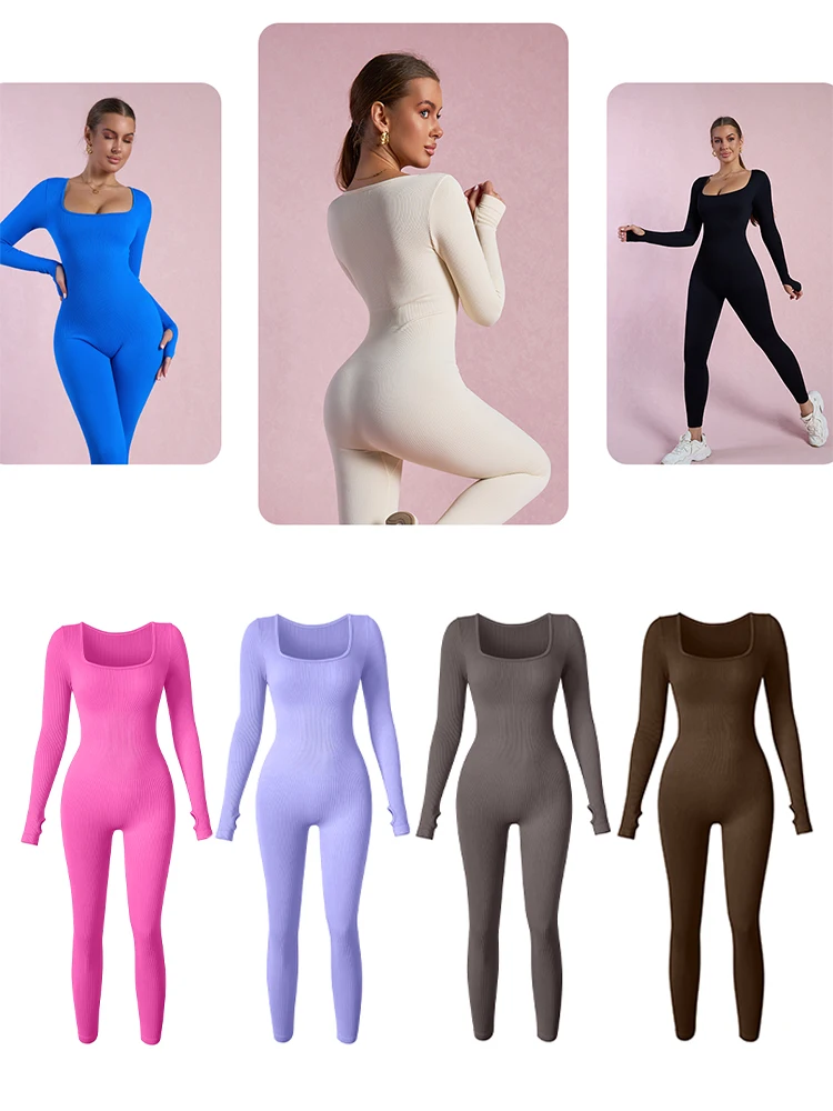 Long Sleeved Jumpsuit Women Square Collar High Waist Bodycon One-piece Leggings Seamless Casual Sports Jumpsuit Bodysuit