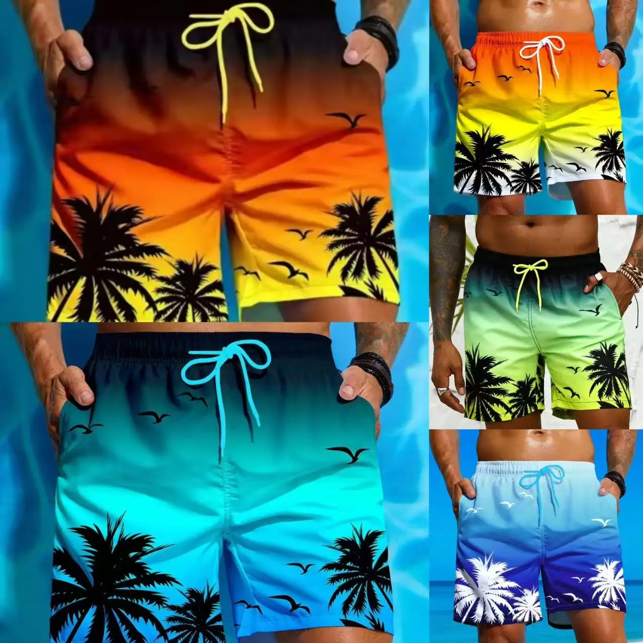Retro Plant 3D Printed Board Shorts Men's Palm Pattern Shorts Summer Hawaiian Breathable Swimming Shorts Loose Shorts