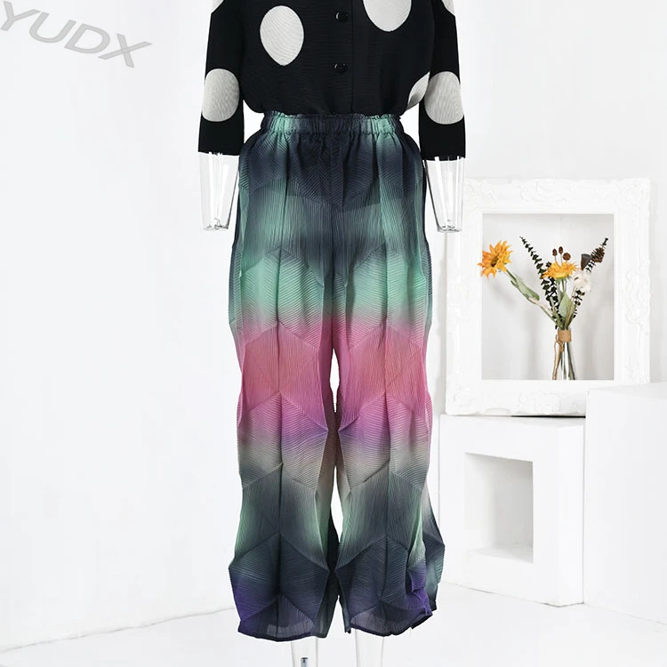 

YUDX Fashion Gradient Pleated Pants For Women 2023 Autumn New Diamond Contrast Color High Waist Wide Leg Trousers Female