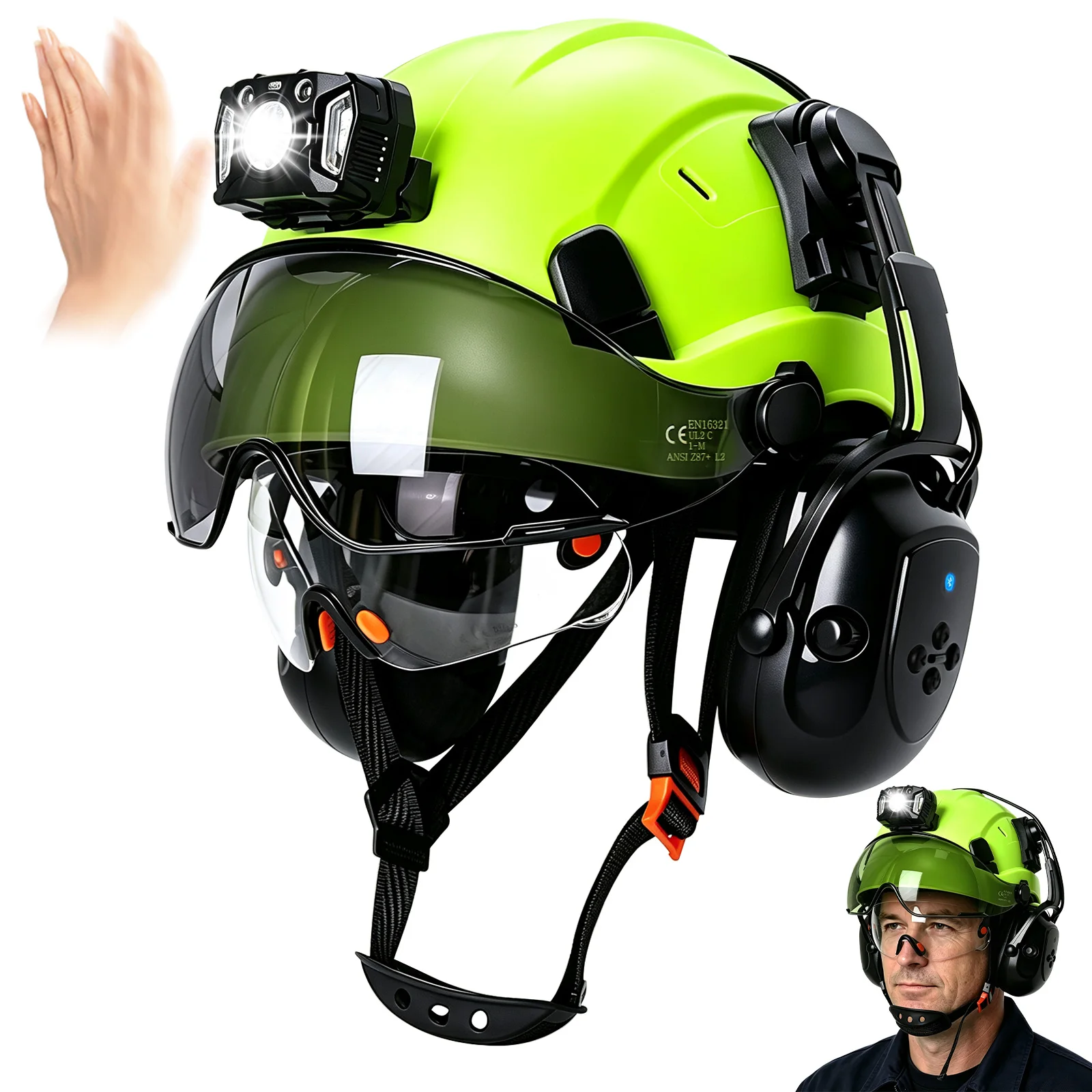 CE Safety Helmet with Head Lamp Bluetooth Earmuffs Double Goggles Construction Hard Hat Industrial Engineer Work Protective Cap