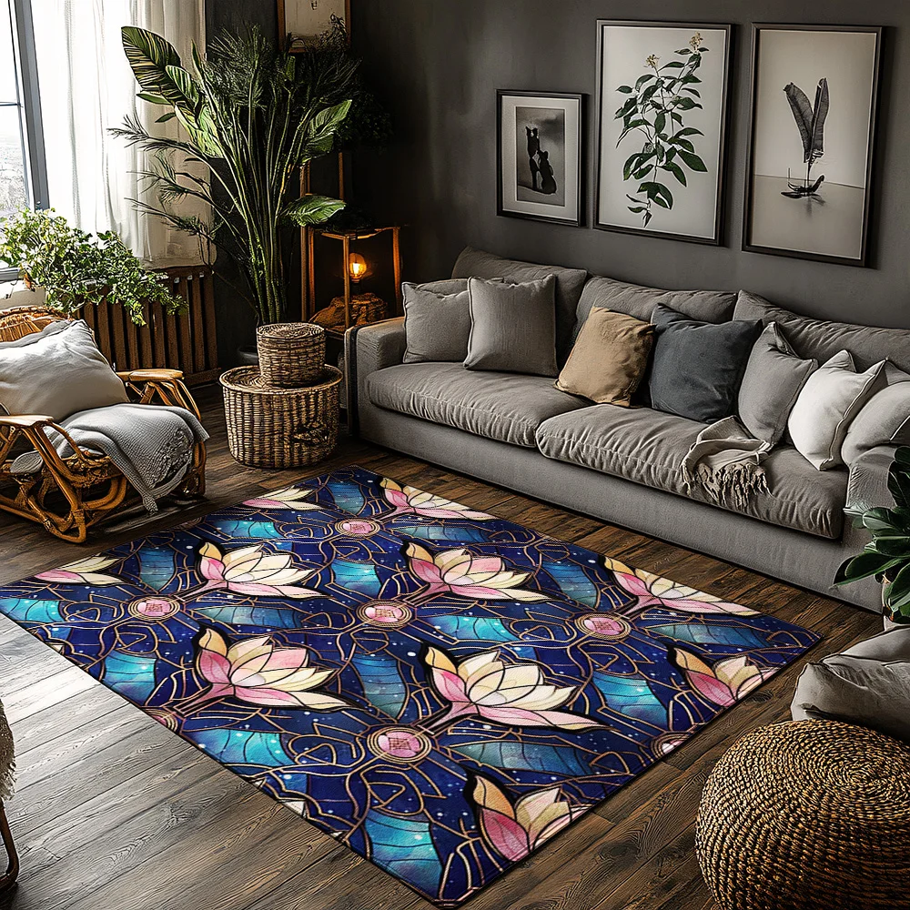 

Коврик с цветком лотоса, нескользящий напольный коврик, моющийся домашний декор, ковер для гостиной, спальни, богемный стиль, современный художественный дизайн