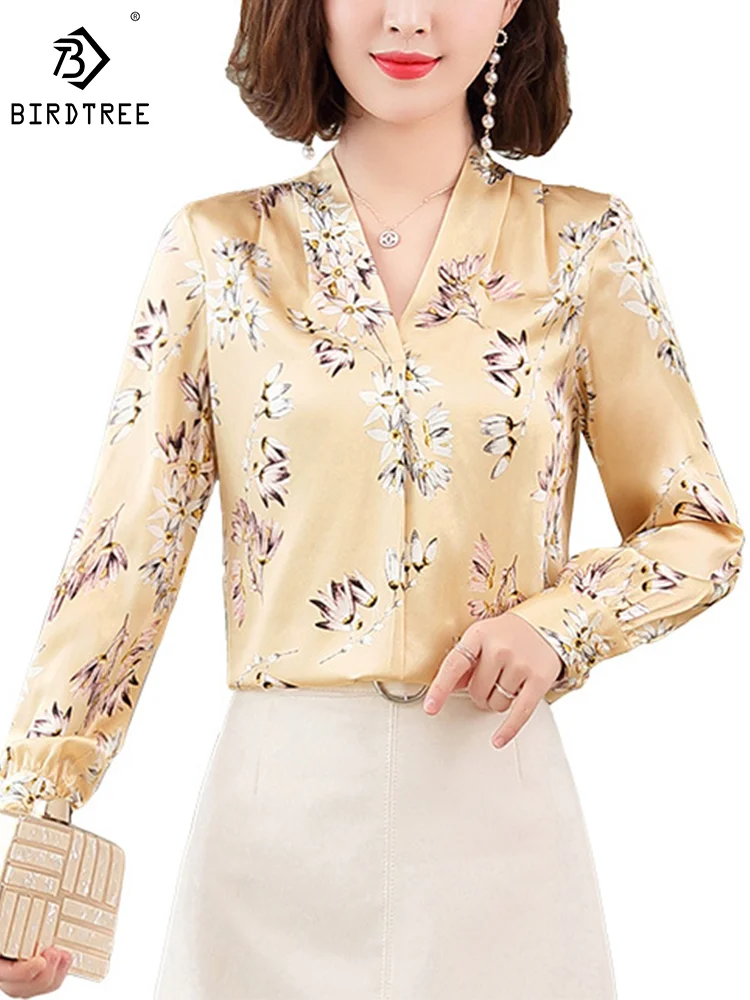 Birdtree 91.8% Mulberry Silk Elegant French Style Shirt Women's Floral Print V-Neck Long Sleeve Blouses 2023 Autumn New T30762QM