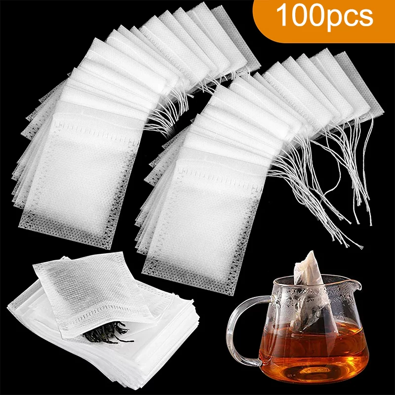 100 Stück Einweg-Teebeutel aus Vliesstoff, Teefilterbeutel für Gewürztee-Ei mit Kordelzug, Filterpapier für Kräuter, loser Tee