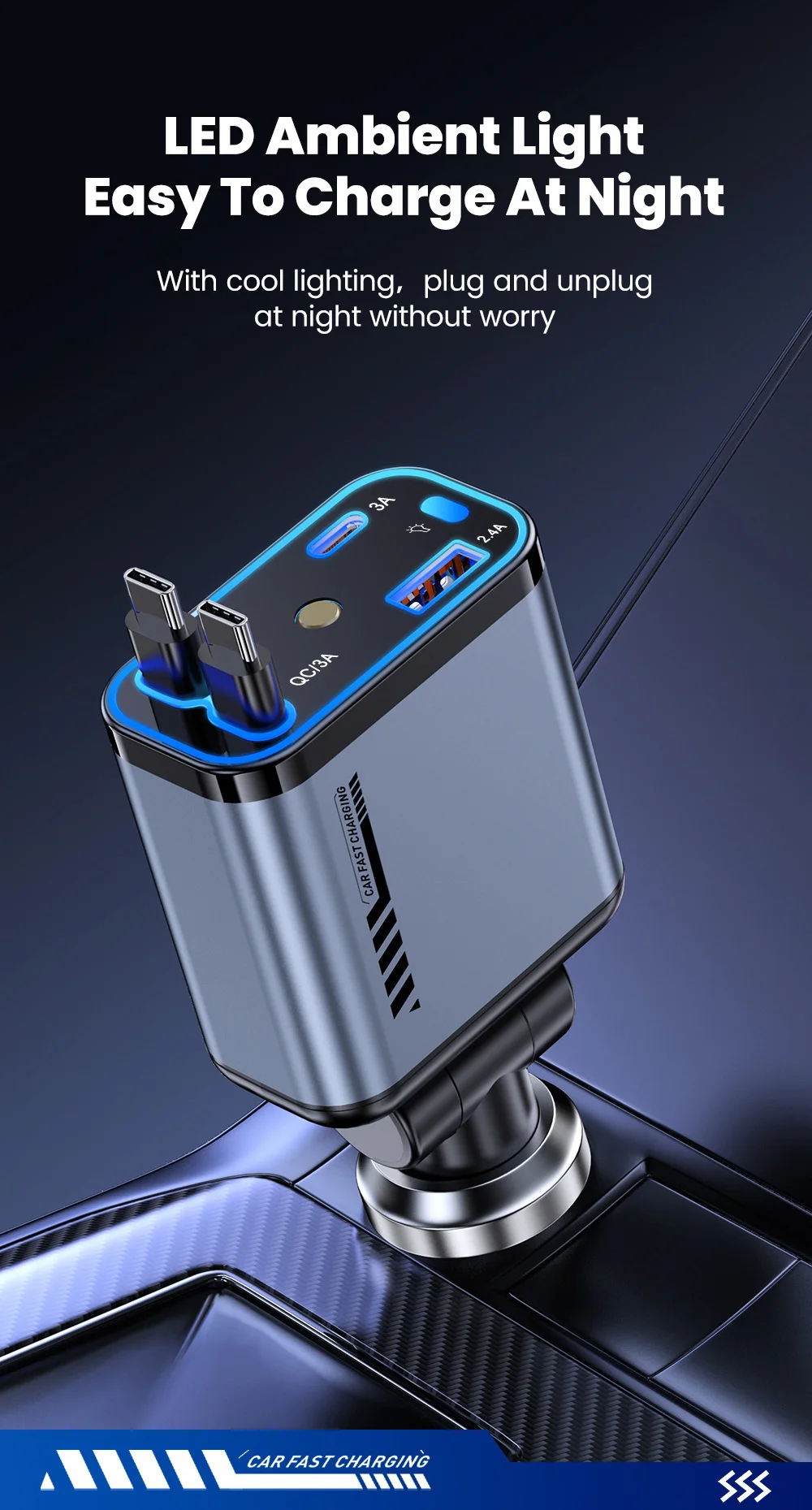 4-in-1-Autoladegerät mit Sternenhimmel-Spotlight, einziehbares Autoladegerät mit Ladekabel und 2 Ladeanschlüssen, universelles Autoladegerät – Detail 10