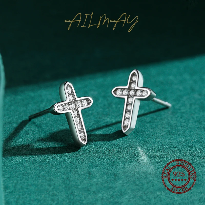 Ailmay Charm Cross Dazzling Clear Zircon Stud Earrings Solid 925 Sterling Silver Classic Earring For Fine Female Fashion Jewelry