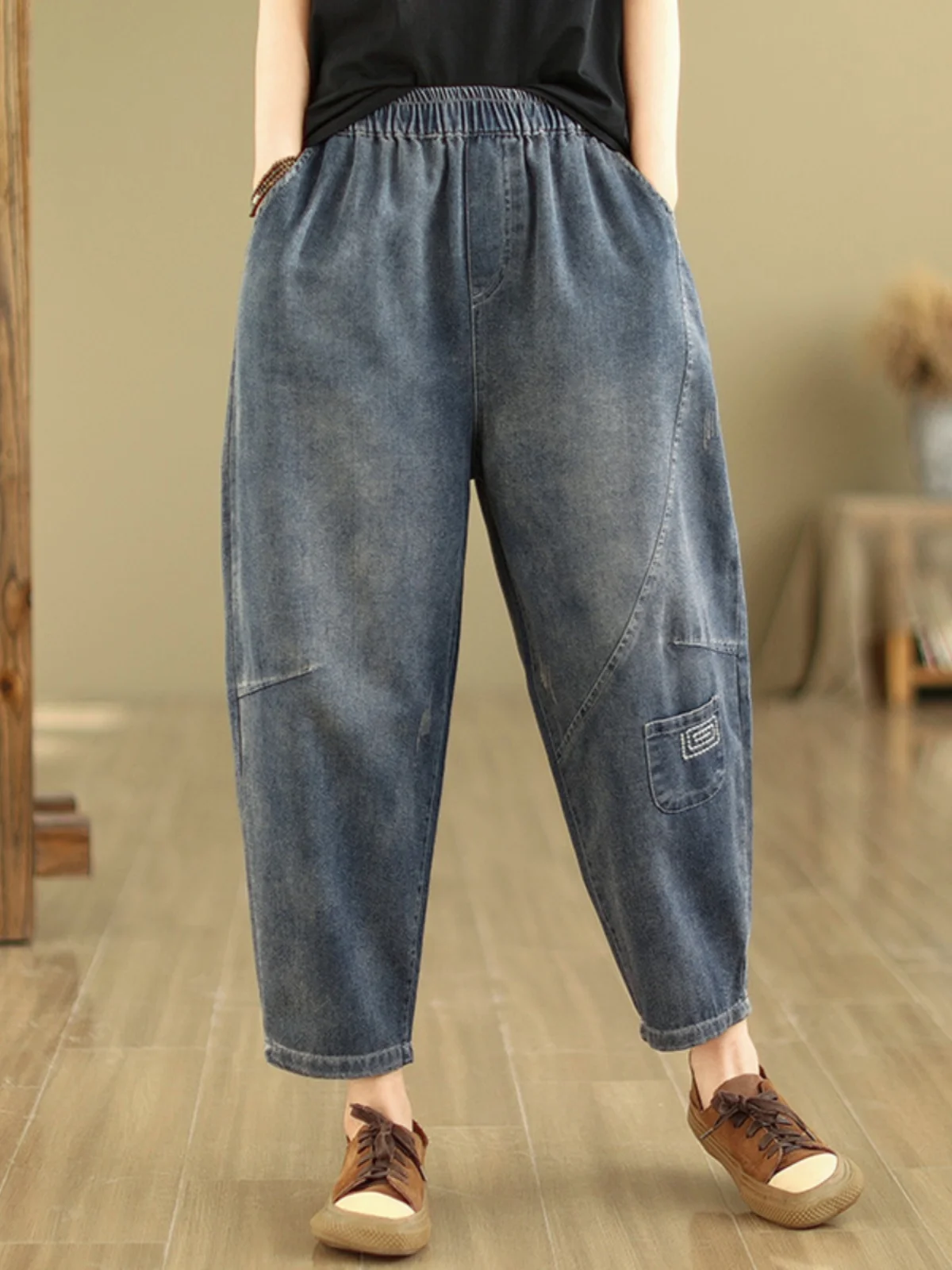 

High-End Women's Artistic Retro Full Cotton Waed Denim Pants Spring Slimming Harlan Trousers Color Blo Casual Jeans