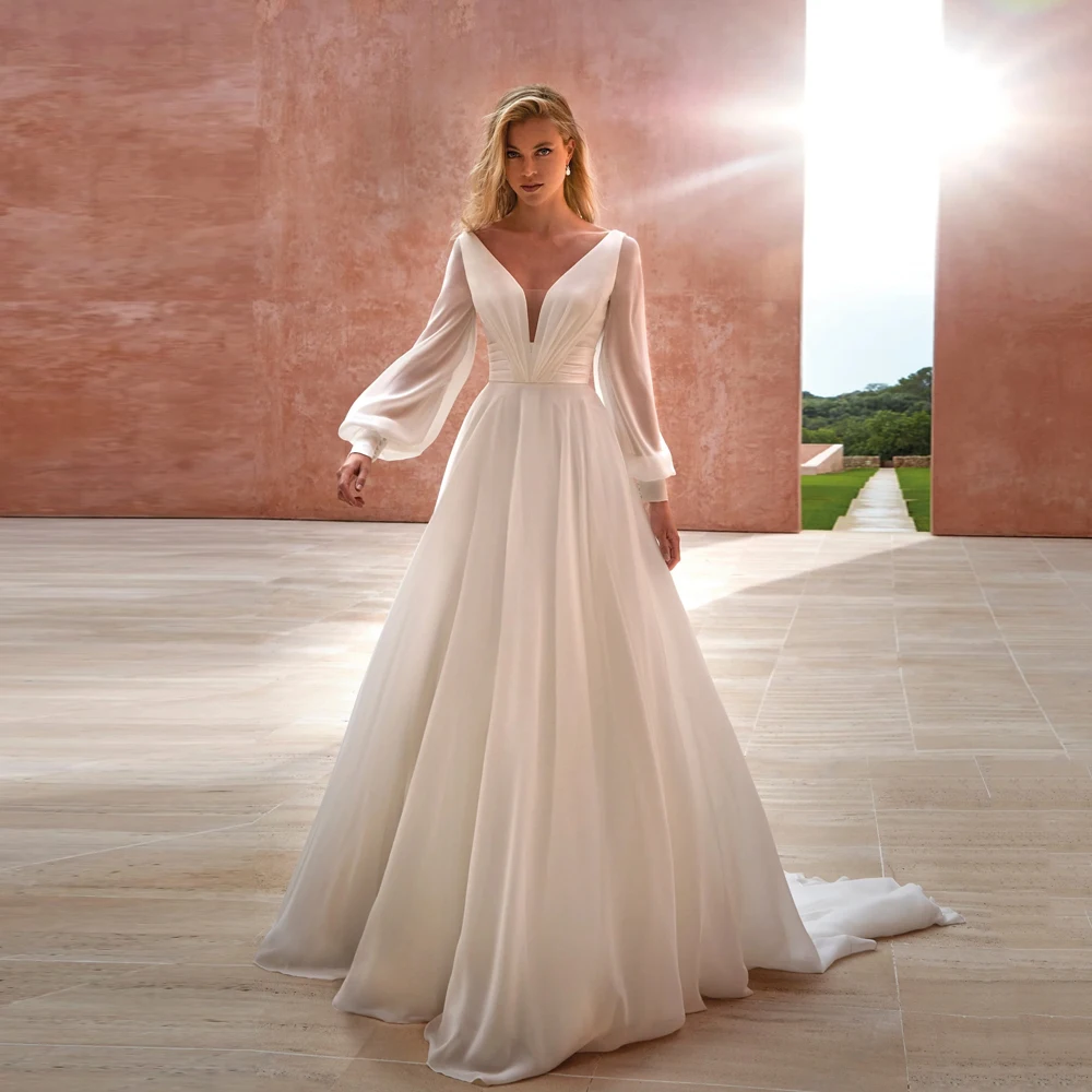 Robe de mariée A-ligne en mousseline de soie, robes de mariée simples, col en V, manches longues, quels que soient les patients, dos nu, bouton au dos, longueur au sol, éducatif, 2024