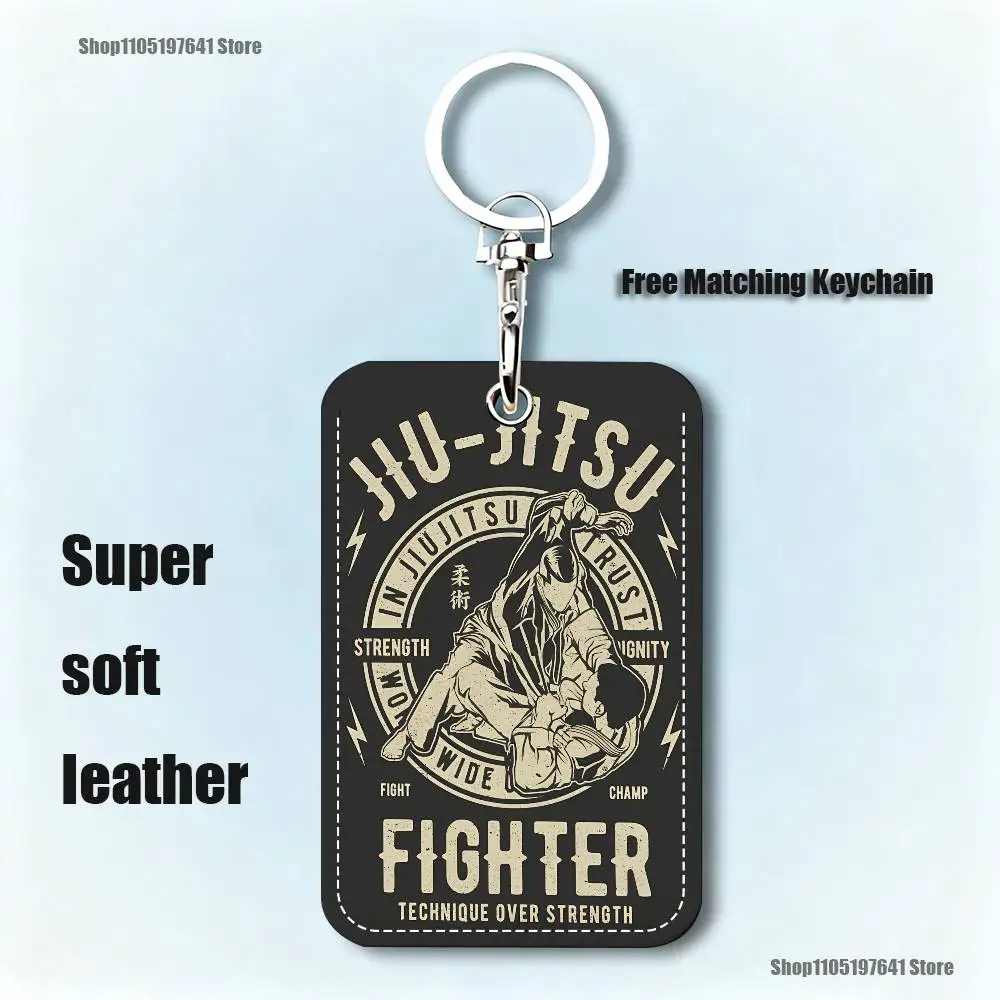 BJJ Brazilian Jiu Jitsu Pattern 1Pc PU Leather Card Holder Keychain Key Ring Door Lock Access Tags ID Card Case Keychain Card