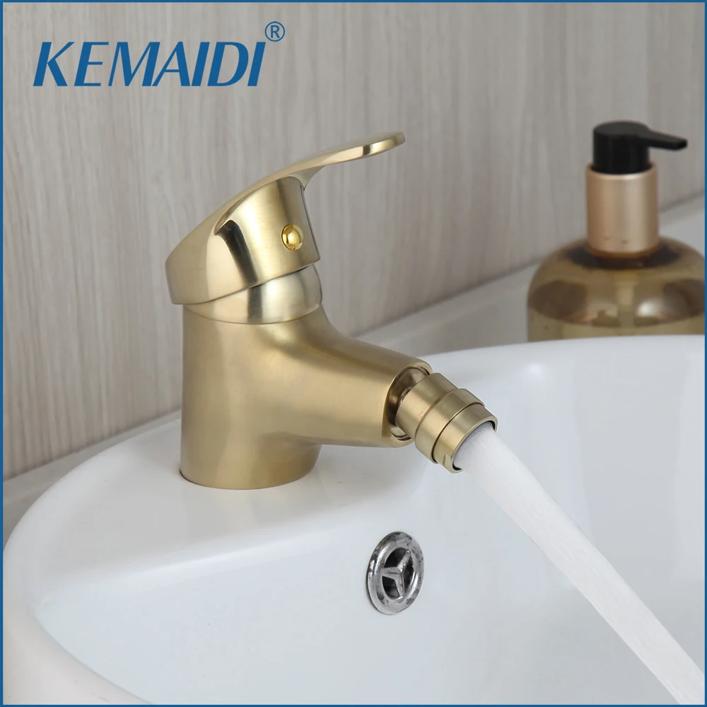 KEMAIDI Brush Gold Bathroom Bidet Faucet Solid Brass Deck Mounted Basin Sink Faucets Mixer Tap Hot Cold Water Mixer Tap 1 Handle