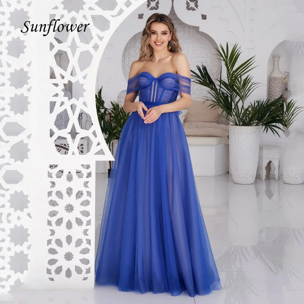 

Sunflower Blue Sweetheart A-LINE Formal Evening Dress Saudi Arabia 2024 Backless Slim Tulle Floor-Length Prom Dress