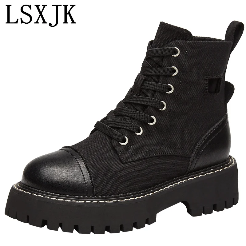 

LSXJK Mid-boots Women's Shoes 2022 Autumn Martin Boots Casual Thick Sole Versatile Heightening Elastic Fabric Splicing Lace Up