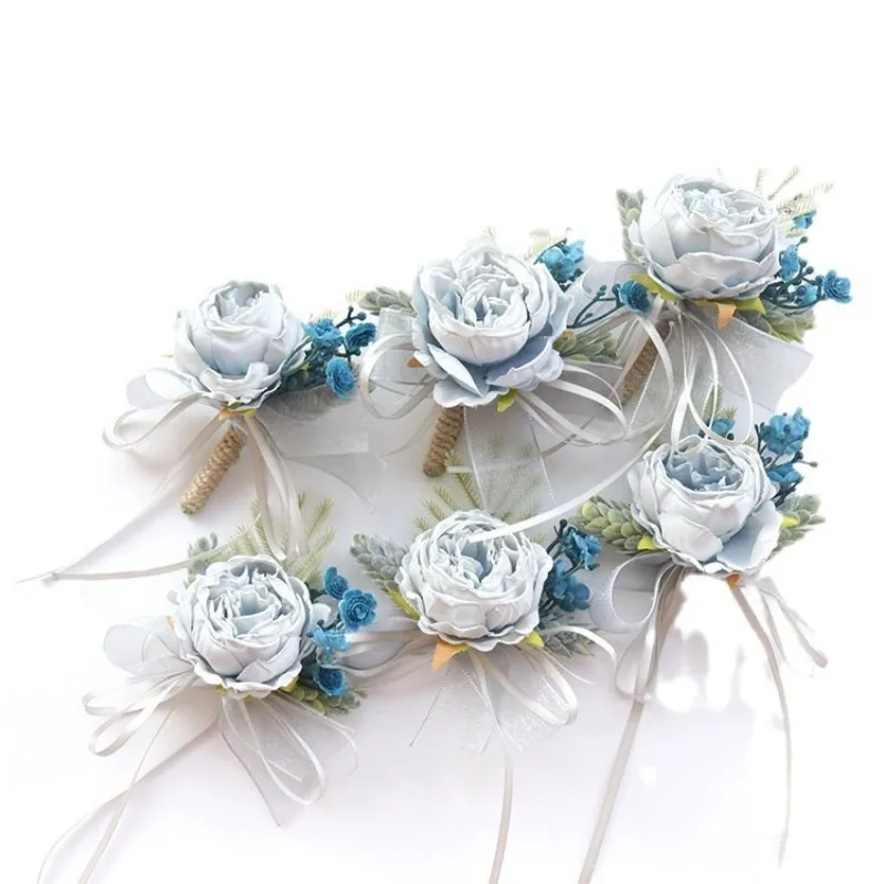 Light Blue Artifical Flowers Groomsman Boutonniere Wrist Corsage Bridesmaid Marriage Wedding Accessories