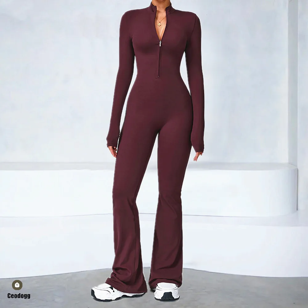 

Women's Zipper Yoga Set Jumpsuit Gym Pilates Dance Sportswear Butt-Lifting Pant Flared Legging Bodysuit Female Active Wear XP115