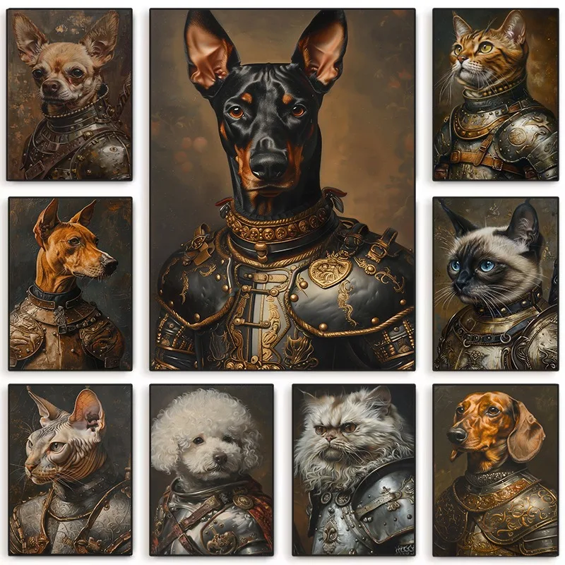 1PC Cat Dog Knight Funny Victorian Animal Portrait Canvas Poster Royal Painting Renaissance Altered Art Living Room Home Deco