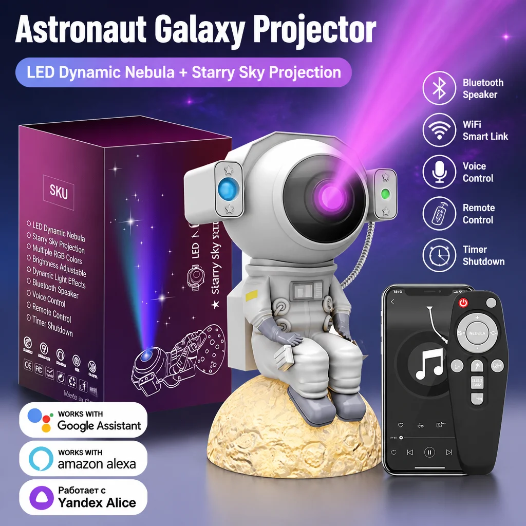 Smart Astronaut Star Projector Galaxy Nebula Light Bluetooth Speaker Remote Voice Control LED Night Lamp Kids Bedroom Decor Gift