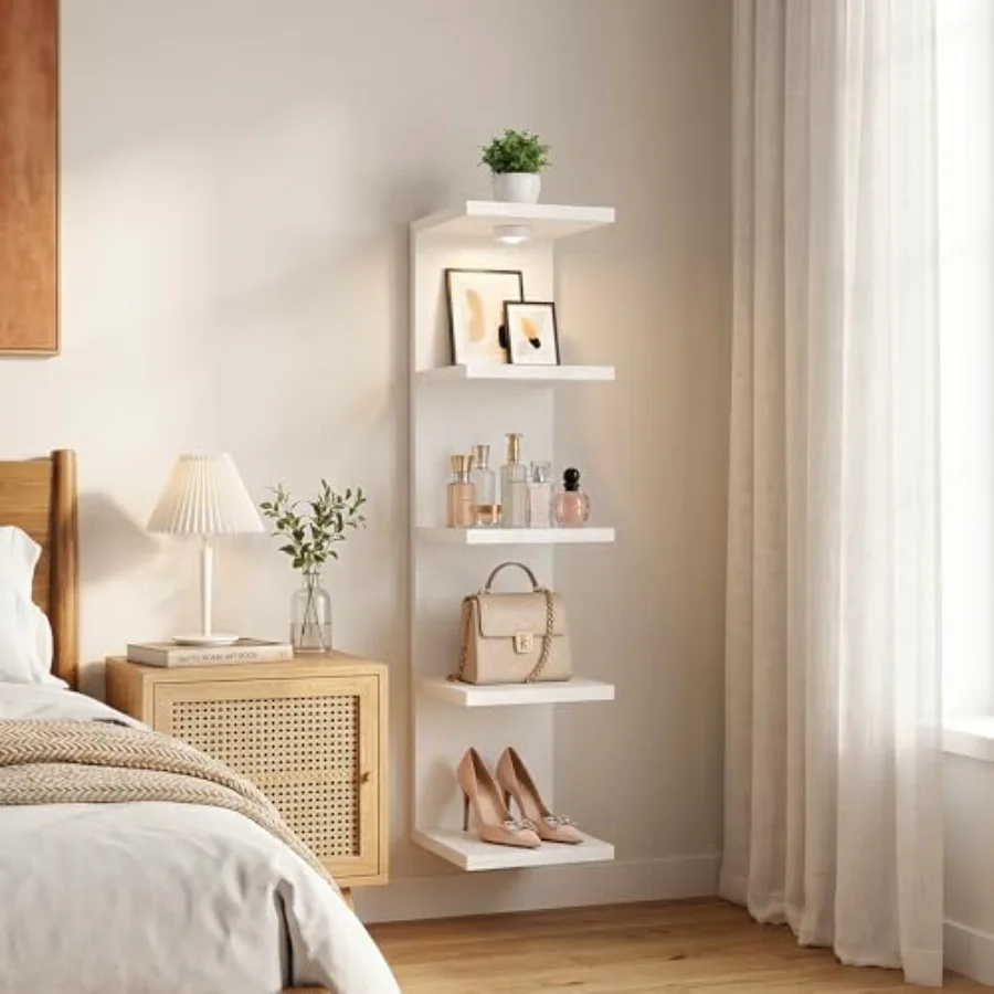 5-Tier Floating Shelf with LED Lights, Narrow Vertical Storage Unit for Small Spaces, Freestanding Bookshelf for Bedroom, Wall