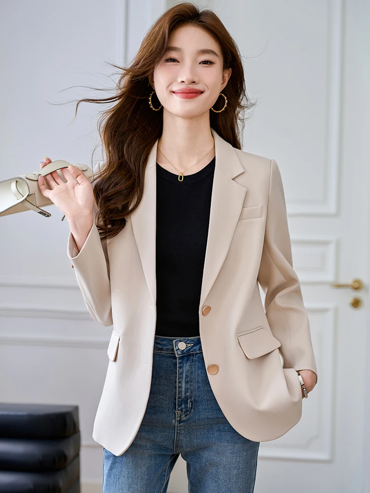 

Женский пиджак бежевого цвета: модный повседневный стиль, высококачественный уличный образ, новинка весеннего сезона, для работы и отдыха, с длинным рукавом, полиэстер