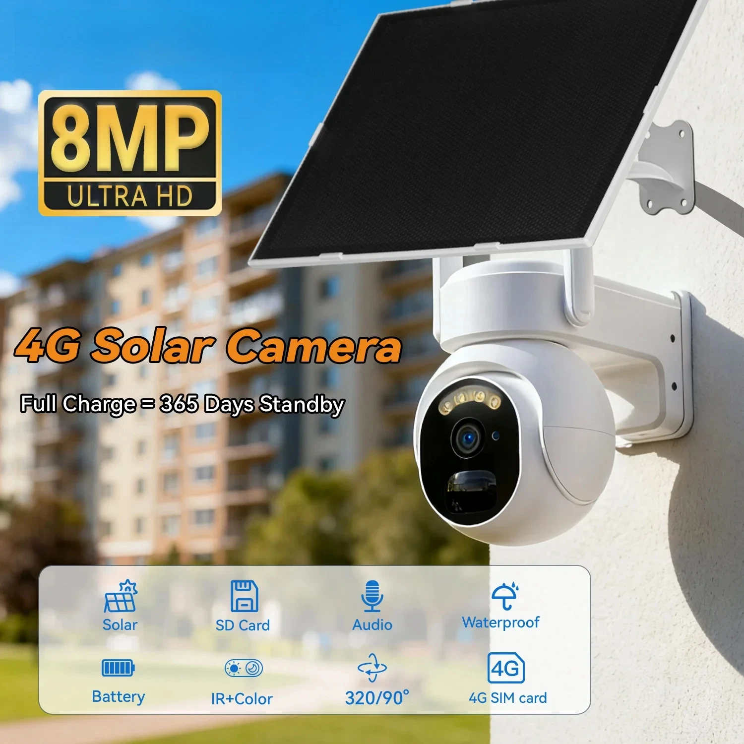 4G LTE Solar Camera 8MP Outdoor Wireless Battery Powered Security Camera PIR Motion Alarm Cloud Storage Night Vision